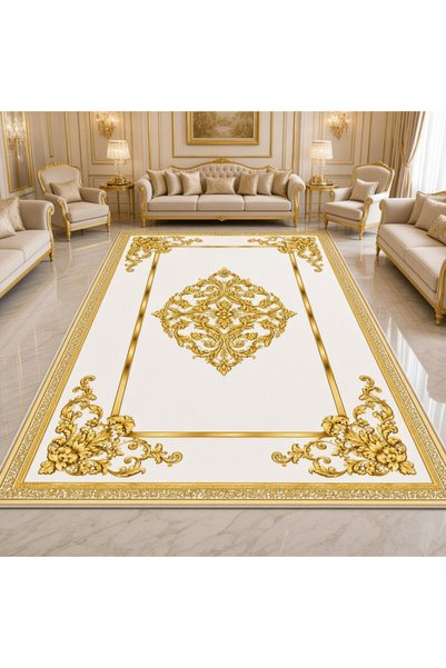 LovisaHome Beyaz Altın Saray Madalyon Yıkanabilir Dijital Baskı Halı