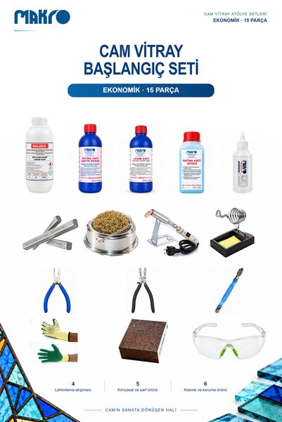GLASSMAKRO Cam Vitray Başlangıç Seti Ekonomik 15 Parça – Cam Kesme, Lehimleme ve El Aletleri