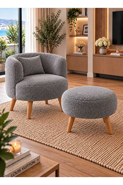 DEKOZUM MARBELLA Teddy Kumaş Berjer – Puf Hediyeli, Ahşap Ayaklı Dekoratif Te...