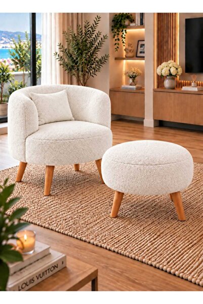 DEKOZUM MARBELLA Teddy Kumaş Berjer – Puf Hediyeli, Ahşap Ayaklı Dekoratif Te...