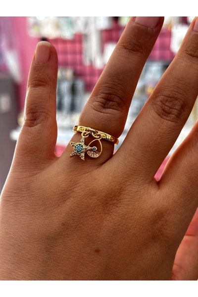 MODA Gold Plated Double Charm Starfish and Evil Eye Detailed Adjustable Women's Ring