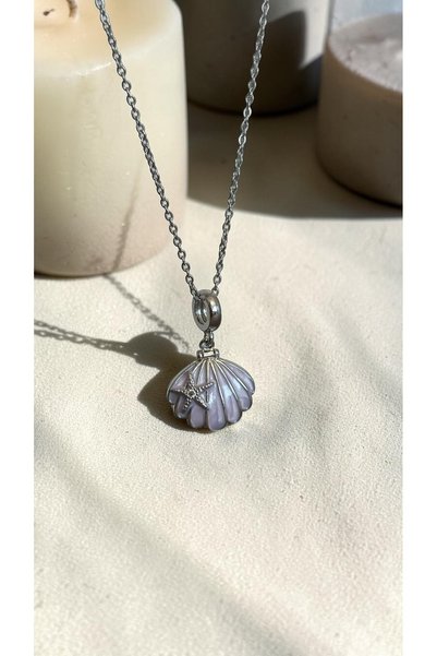 Dore Collection Zircon Stone Sea Star Detailed Oyster Shaped Steel Necklace