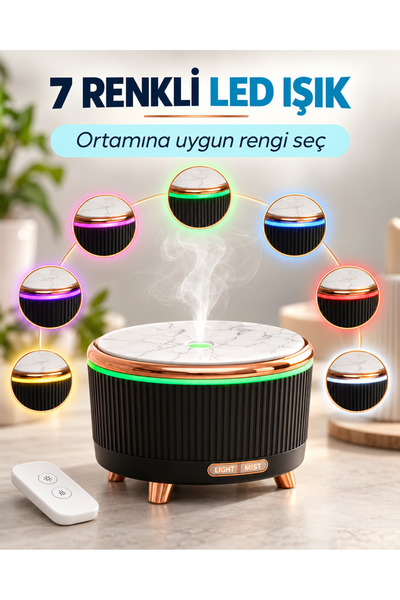 QAR 500 ml Aroma Difüzör Hava Nemlendirici Esansiyel Yağ Uyumlu Ultrasonik Buhar Makinesi 7 Renk LED Işıklı Zamanlayıcılı Sessiz Mermer Görünümlü
