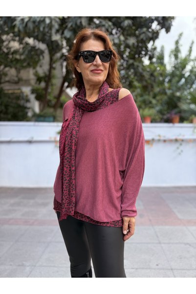 DenizEge Set bluză din tricotaj cu detalii leopard italian, trandafir uscat