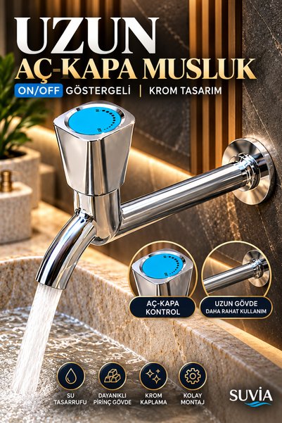 SUVİA Lavabo Bataryası Uzun Aç Kapa Musluk ON/OFF Göstergeli Duvardan Tek Su ...