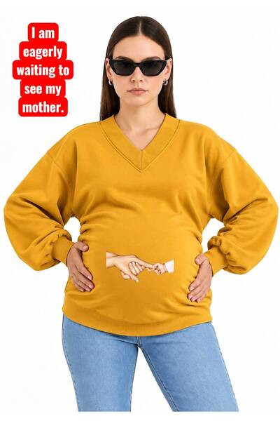 HELLO ROMA 3 Yarn Combed Cotton Finger Printed Maternity V-Neck Sweatshirt Jw6