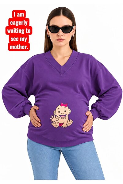 HELLO ROMA 3 Yarn Combed Cotton Hand-Shaking Baby Printed Pregnant V-Neck Swe...