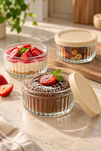DOVİHOME Set of 3 Glass Souffle Bowls 140 ml – Glass Dessert, Pudding, Sauce and Snack Bowl with Lid