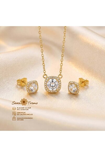 SaraTremo Set delicat cu diamante – cercei și colier cu zirconiu, placat cu a...