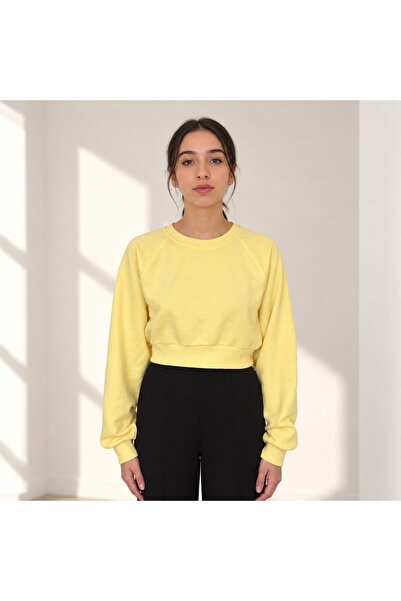 Kadın Sarı Kısa Kesim Bisiklet Yaka Raglan Kol Sweatshirt