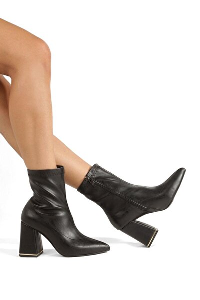Y ESMA Black Leather Stretch Boots with Pointed Toe, 9 cm Covered Heel, Galva...