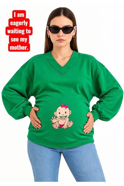 HELLO ROMA 3 Yarn Combed Cotton Hand-Shaking Baby Printed Pregnant V-Neck Swe...