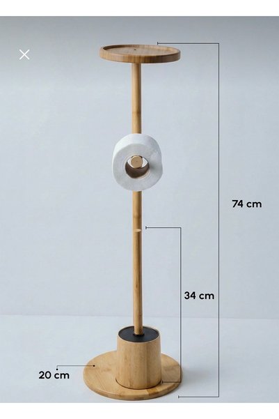 MİMOZA PARK Standlı Bambu WC Seti – Tuvalet Kağıtlığı, WC Fırçası ve Üst Raflı Banyo Düzenleyici Stand BOY 74 CM