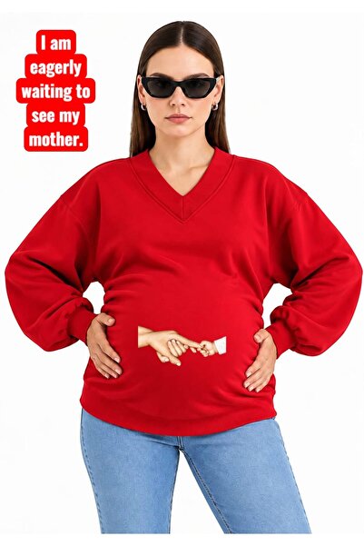 HELLO ROMA 3 Yarn Combed Cotton Finger Printed Maternity V-Neck Sweatshirt Jw6