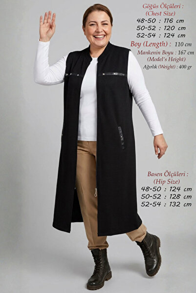 Laden Büyük Beden Mevsimlik Fermuarlı Uzun Kadın Yelek (110 cm) Ottoman Kumaş...