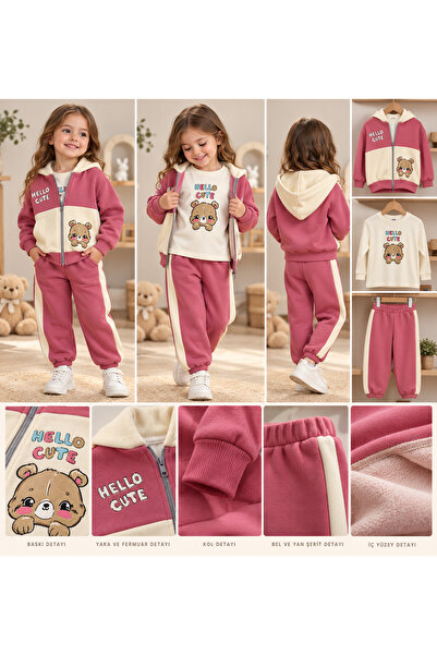 Sofya Home Studio Kız Çocuk Hello Cute Ayıcık Baskılı Kapüşonlu 3’lü Eşofman Takımı