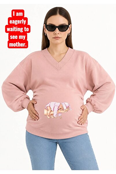 HELLO ROMA 3 Yarn Combed Cotton Hand-Printed Baby Printed Pregnant V-Neck Swe...