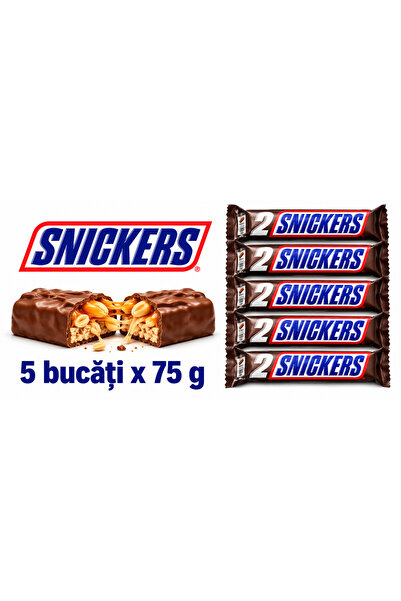 Snickers Dublu, Baton de Ciocolată cu Caramel, Nuga și Arahide, 5 bucăți x 75 g
