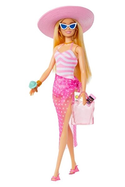 Generic Doll with Pink and White Swimsuit, Sun Hat, Tote Bag and Beach-Themed...