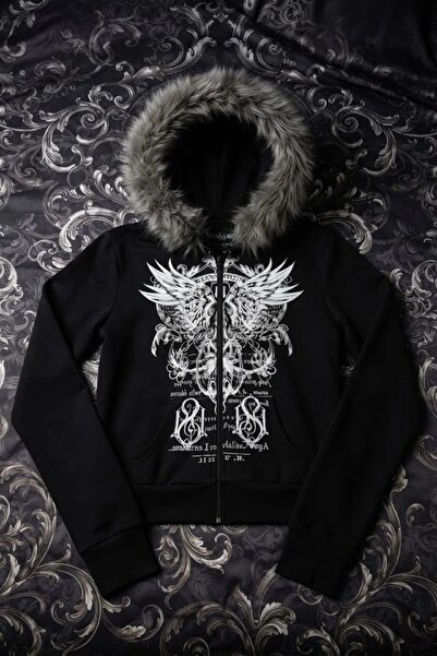 Karakedi Siyah Kürklü Beyaz Wings Motif Baskılı Gotik Y2K Crop Hırka Sweat