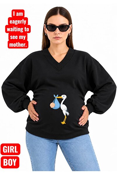 HELLO ROMA سويت شيرت للأمهات بياقة على شكل حرف V مطبوع عليه طائر الطنان مصنوع...