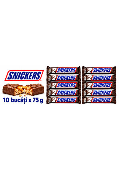 Snickers Dublu, Baton de Ciocolată cu Caramel, Nuga și Arahide, 10 bucăți x 75 g