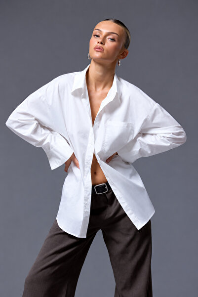 oshebu Γυναικείο πουκάμισο oversize casual από ποπλίνα με τσέπες
