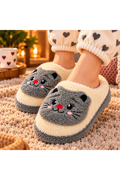 Kadın Peluş Kedi Desenli Kışlık Ev Terliği