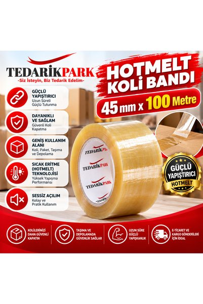 TEDARİKPARK 45 mm x 100 Metre Hotmelt Koli Bandı | 1. Kalite | Güçlü Şeffaf P...