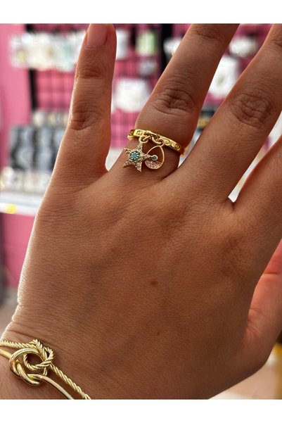 MODA Gold Plated Double Charm Starfish and Evil Eye Detailed Adjustable Women's Ring