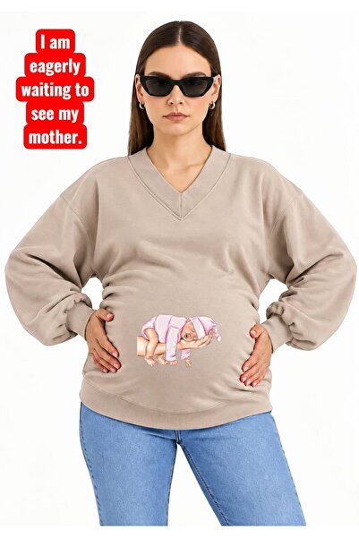 HELLO ROMA 3 Yarn Combed Cotton Hand-Printed Baby Printed Pregnant V-Neck Swe...
