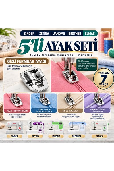 Elmas Janome Singer Ev tipi dikiş makinası Tayvan Ayak Set (nervür,kıvırma,sürfile,büzgü,gizli Fermuar) çift iğne seti