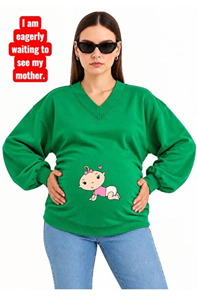 HELLO ROMA 3 Yarn Combed Cotton Retired Baby Printed Pregnant V-Neck Sweatshi...