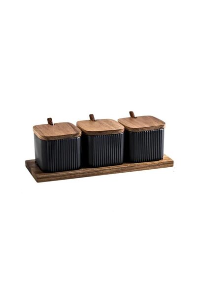 Zoffer Set de 3 borcane pentru condimente din ceramică și bambus, cu linguriț...
