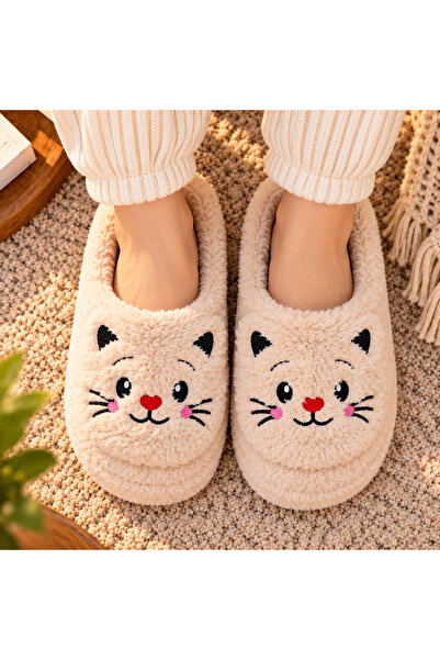 Kadın Peluş Kedi Desenli Kışlık Ev Terliği