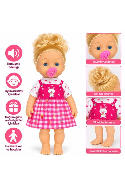Prlk toys Konuşan Bebek – Pembe Kareli Elbiseli Emzikli Oyuncak Bebek