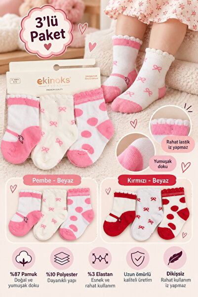 Kız Bebek Üçlü Çorap(pembe -beyaz)