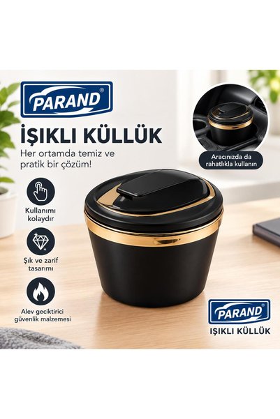 Işıklı Araç İçi Küllük Siyah Gold Kapaklı Pratik Oto Küllüğü