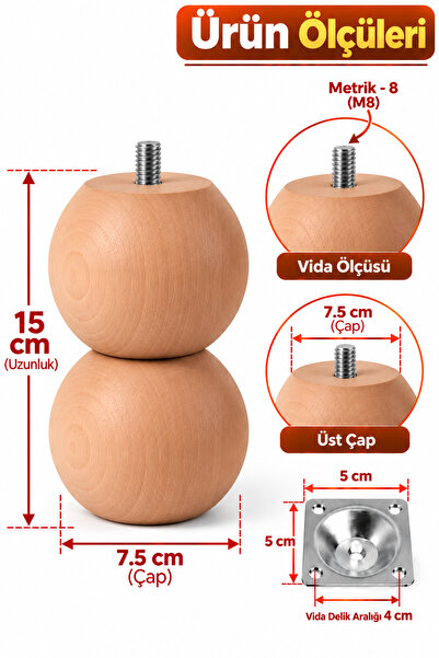 turanahşap Doğal Ahşap Koltuk Ayağı-Baza Ayağı 15 cm