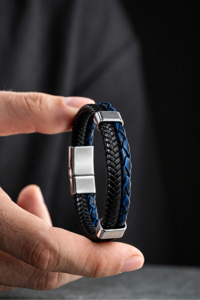 Nereze Chrome Plated Blue Mesh Herringbone Model Men's Leather Bracelet