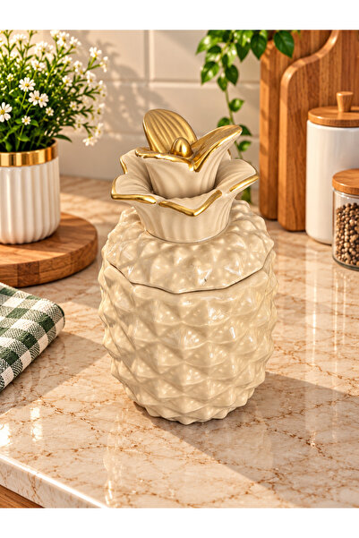 Lüks Ananas Formlu Gold Detaylı Seramik Kavanoz