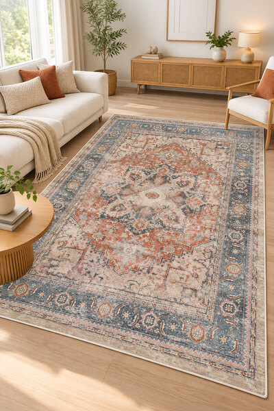 Toronto Home Dijital Kaymaz Yıkanabilir Vintage Eskitme Klasik Salon Halısı M...