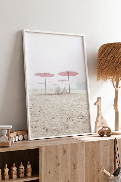 KEYFHOME Roz Umbrelă Minimalistă Coasta de mare Încadrat MDF Tablou Poster Li...