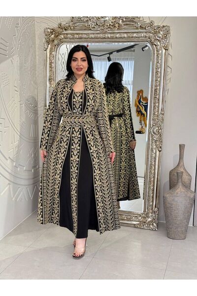 Lyaly aljlabyh 3 Piece Dress Set Belt & Inner & Outer Embroidered Long Jacket...