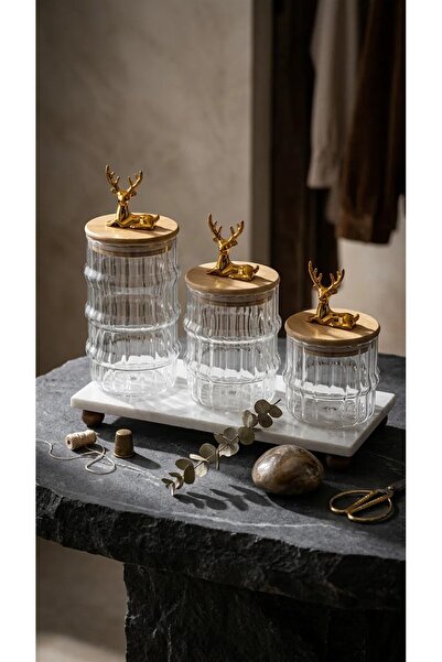 LeylArt Set of 3 Glass Jars with Deer Figures – Decorative Storage Set with Marble Stands 350-500-750ml