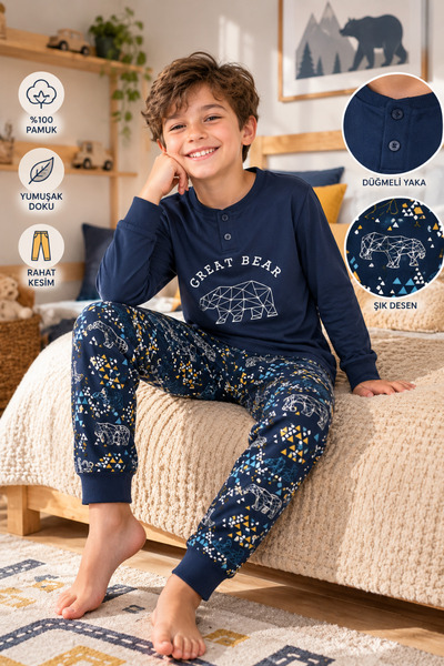 İYİBU Boy's Pajama Set 100% Cotton Interlock Long Sleeve Teddy Bear Patterned...