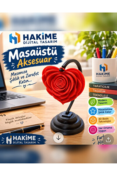 3D Baskı Kırmızı Gül & Kalp Detaylı Masa Üstü - Ofis Ve Ev Dekoru