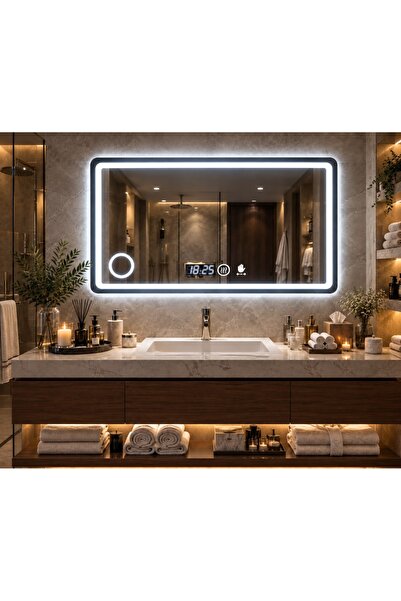 Magic Time Oglinda LED DECORIALE cu Senzor de Mișcare, Inel pentru Cosmetica, Dezaburire, Ceas și Termometru 90x70cm - Avelis