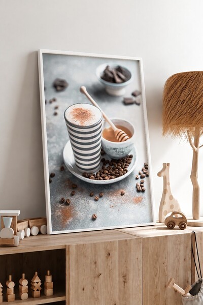 KEYFHOME Cupa cu dungi Cafea înrămată MDF Tablou Poster Bucătărie Decor de pe...