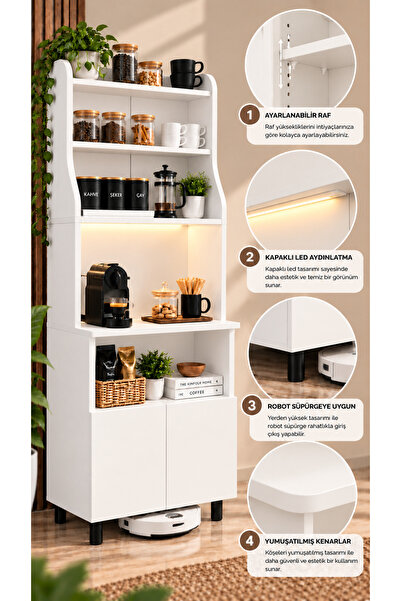 ADALIMODULES Kahve Köşesi Dolabı Modern Led Aydınlatmalı Ayarlanabilir Raflı ...